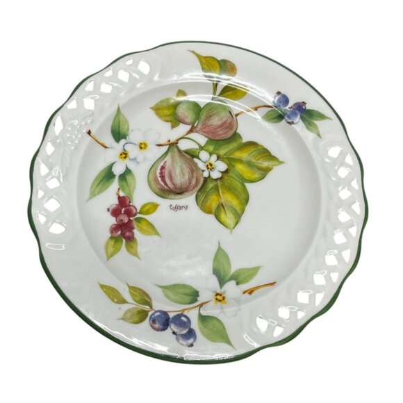 VTG Brunelli‎ Tiffany White Fig Fruit And Flowers Lattice Rim Plate 8.25" Italy - Picture 1 of 7